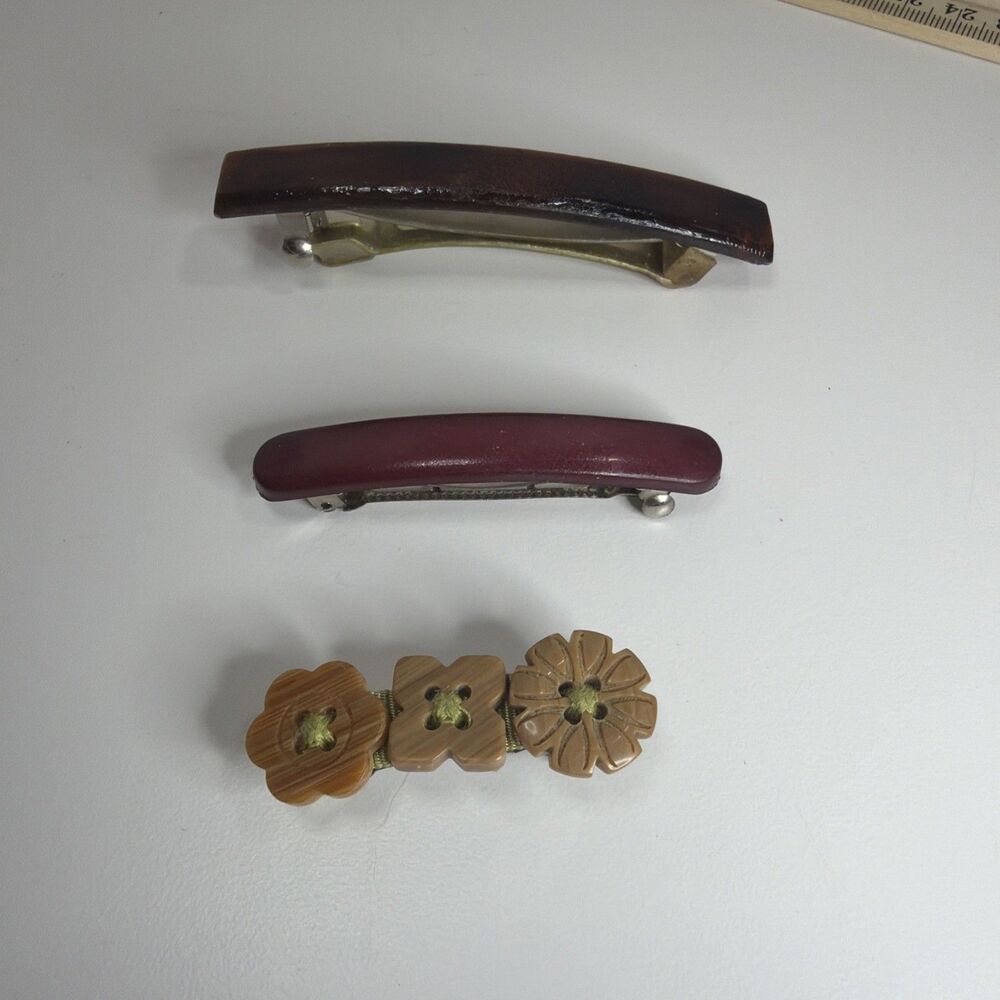 VTG Barrette Hair Clip Lot of 3 Wooden Look, Goody Shell 80s 90s Cottage Core